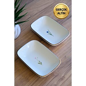Tabak Evi Porselen Natura Karma Altın Yaldızlı Dikdörtgen Kayık Tabak 14x9,8cm 2 Parça