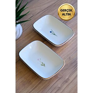 Tabak Evi Porselen Natura Karma Altın Yaldızlı Dikdörtgen Kayık Tabak 14x9,8cm 2 Parça