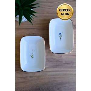 Tabak Evi Porselen Natura Karma Altın Yaldızlı Dikdörtgen Kayık Tabak 14x9,8cm 2 Parça