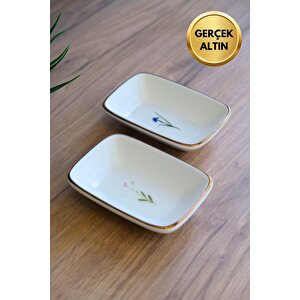 Tabak Evi Porselen Natura Karma Altın Yaldızlı Dikdörtgen Kayık Tabak 10x7x2cm 2 Li