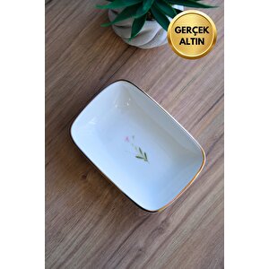 Tabak Evi Porselen Natura Çuha Altın Yaldızlı Dikdörtgen Kayık Tabak 14x9,8cm Tekli