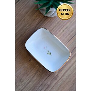 Tabak Evi Porselen Natura Çuha Altın Yaldızlı Dikdörtgen Kayık Tabak 14x9,8cm Tekli