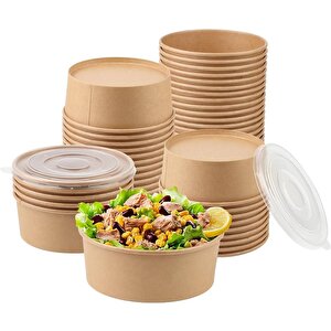 Omeyva Yuvarlak Şeffaf Kapaklı Kağıt Karton Kraft Salata Yemek Kabı Kase- 38 Oz -1100 Ml. - 50 Adet