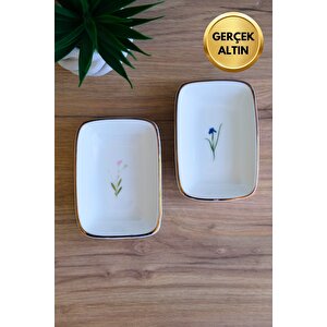 Tabak Evi Porselen Natura Karma Altın Yaldızlı Dikdörtgen Kayık Tabak 12x8,50cm 2 Parça