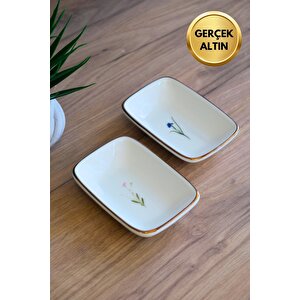 Tabak Evi Porselen Natura Karma Altın Yaldızlı Dikdörtgen Kayık Tabak 12x8,50cm 2 Parça