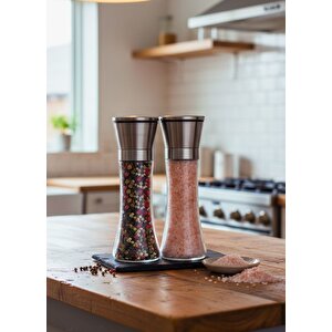 2\'li Set Profesyonel Tuz Ve Karabiber Değirmeni – 19 Cm Cam Gövdeli Paslanmaz Çelik