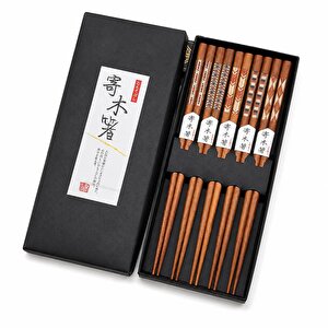 5 Çift Ahşap 22,5cm Yemek Çubuğu Seti Hediyelik Kutulu Japon Çin Kore Sushi Chopstick
