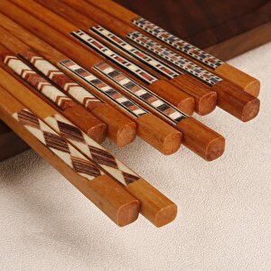 5 Çift Ahşap 22,5cm Yemek Çubuğu Seti Hediyelik Kutulu Japon Çin Kore Sushi Chopstick