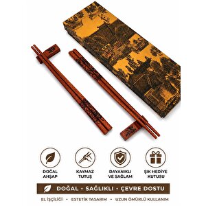 Doğal Ahşap Yemek Çubuğu Seti 2 Çift – Ejderha Desenli Çubuk Tutacaklı Kutulu 22,9 Cm Chopstick Seti