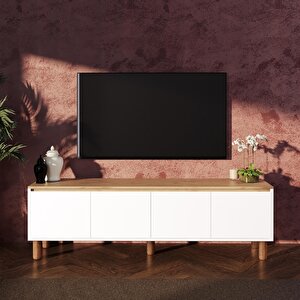 D4110 Terra 180cm Sepet-beyaz Tv Ünitesi Yüksek Ayaklı 4 Kapaklı, Televizyon Sehpası Depolama Dolabı