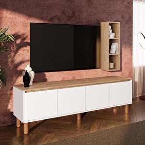 G4110 Terra Duvar Raflı 180 Cm Tv Ünitesi, Sepet-beyaz Yüksek Ayaklı 4 Kapaklı Televizyon Sehpası