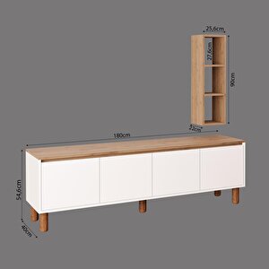 G4110 Terra Duvar Raflı 180 Cm Tv Ünitesi, Sepet-beyaz Yüksek Ayaklı 4 Kapaklı Televizyon Sehpası