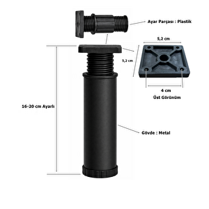 Metal Mobilya Koltuk 16 -20 Cm Ayarlı Orta Destek Ayağı Mat Siyah