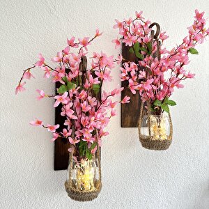Duvar Dekoru, Led Işıklı, Pembe Sakura Çiçekli Aplik İkili Set Ceviz