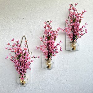 Led Işıklı, Pembe Sakura Çiçekli Duvar Dekoru Üçlü Set Beyaz
