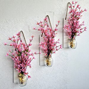 Led Işıklı, Pembe Sakura Çiçekli Duvar Dekoru Üçlü Set Beyaz