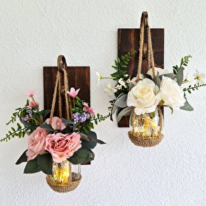 Beyaz Ve Pudra Pembe Gül Çiçekli, Led Işıklı Aplik, 2 Li Set Ceviz