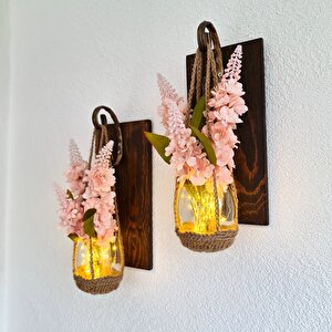 Duvar Dekoru, Led Işıklı, Pembe Şebboy Çiçekli Aplik İkili Set Ceviz
