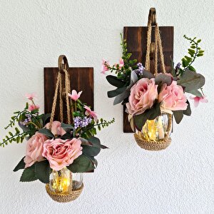 Pudra Pembe Gül Çiçekli, Led Işıklı Aplik, 2’li Set Ceviz
