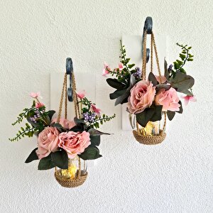 Pudra Pembe Gül Çiçekli, Led Işıklı Aplik, 2’li Set Beyaz