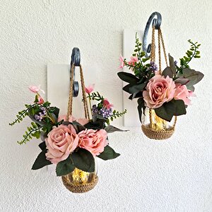 Pudra Pembe Gül Çiçekli, Led Işıklı Aplik, 2’li Set Beyaz