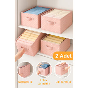 2 Adet - Kıyafet Saklama Kutusu | Katlanabilir Dolap Içi Düzenleyici 45x25x20cm - Pembe Benekli