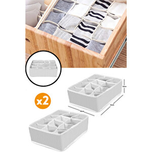 2 Adet - 12 Bölmeli Organizer Çekmece Içi Düzenleyici Gri-beyaz