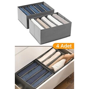 4 Adet - 5 Bölmeli Katlanabilir Kumaş Saklama Kutusu Dolap İçi Düzenleyici Organizer - Gri