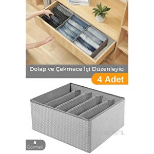 4 Adet - 5 Bölmeli Katlanabilir Kumaş Saklama Kutusu Dolap İçi Düzenleyici Organizer - Gri Puantiye