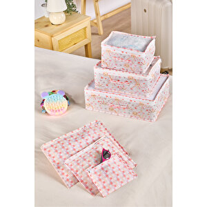 Little Sun Serisi Altılı Pembe Desenli Seyahat Valiz Düzenleyici Set