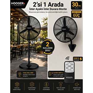 Hooger 30 Inç 76 Cm Endüstriyel Güç Bakır Sargı Professıonel Vantilatör 2 In 1 Ayaklı + Duvar Kullanımı Uzaktan Kumandalı 220 V Çıkış