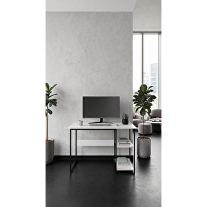 Raflı Çalışma Masası Bilgisayar Masası Laptop Masası Öğrenci Ders Ofis Home Office Metal Ayaklı Geniş Kitaplıklı Vienna 60x120 Cm Siyah-beyaz Siyah-Beyaz