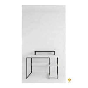 Raflı Çalışma Masası Bilgisayar Masası Laptop Masası Öğrenci Ders Ofis Home Office Metal Ayaklı Geniş Kitaplıklı Vienna 60x120 Cm Siyah-beyaz Siyah-Beyaz