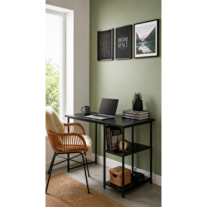 Raflı Çalışma Masası Bilgisayar Masası Laptop Masası Öğrenci Ders Ofis Home Office Metal Ayaklı Geniş Kitaplıklı Vienna 60x120 Cm Siyah- Siyah Siyah - Siyah