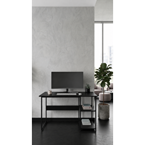 Raflı Çalışma Masası Bilgisayar Masası Laptop Masası Öğrenci Ders Ofis Home Office Metal Ayaklı Geniş Kitaplıklı Vienna 60x120 Cm Siyah- Siyah Siyah - Siyah