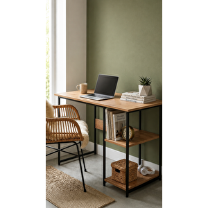 Vienna 60x120cm 2 Raflı Metal Ayak Çalışma Masası Laptop Masası Bilgisayar Masası Çam- Siyah Çam Atlantik Çam
