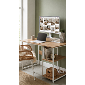Raflı Çalışma Masası Bilgisayar Masası Laptop Masası Öğrenci Ders Ofis Home Office Metal Ayaklı Geniş Kitaplıklı Vienna 60x120 Cm Beyaz - Çam Beyaz Kahverengi