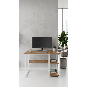 Raflı Çalışma Masası Bilgisayar Masası Laptop Masası Öğrenci Ders Ofis Home Office Metal Ayaklı Geniş Kitaplıklı Vienna 60x120 Cm Beyaz - Çam Beyaz Kahverengi