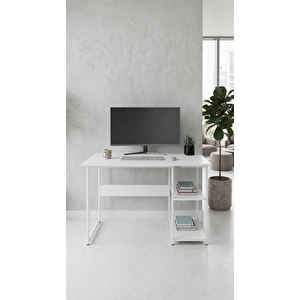 Raflı Çalışma Masası Bilgisayar Masası Laptop Masası Öğrenci Ders Ofis Home Office Metal Ayaklı Geniş Kitaplıklı Vienna 60x120 Cm Beyaz - Beyaz Beyaz - Beyaz
