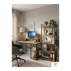 Kitaplıklı Çalışma Masası Seti 5 Raflı Kitaplık Bilgisayar Masası Laptop Masası Ofis Öğrenci Ders Masası Monitör Standlı Ekran Yükselticili Vien Siyah Çam Siyah - Kahverengi
