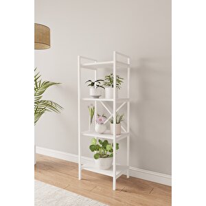 Nilamu Beyaz Saksılık | 4 Raflı Metal Aksamlı Organizer | Ofis Ev Dekoratif 45×135×30 Cm