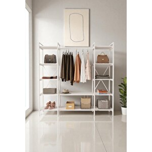 Nilamu Beyaz Elbise Dolabı | Metal Gövdeli Açık Askılık & Organizer Dolap 175*170*34 Cm