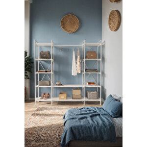 Nilamu Beyaz Elbise Dolabı | Metal Gövdeli Açık Askılık & Organizer Dolap 175*170*34 Cm