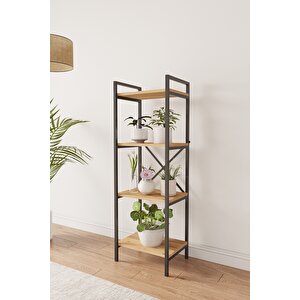Nilamu Çam Saksılık, 4 Raflı, Metal Aksamlı, Kitaplık, Organizer, Ofis, Ev, Dekoratif 45*135*30 Cm