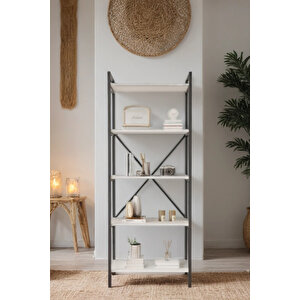 Nilamu Beyaz 65 Cm Kitaplık, Metal Aksamlı, Organizer, Ofis, Ev, 65*170*34 Cm