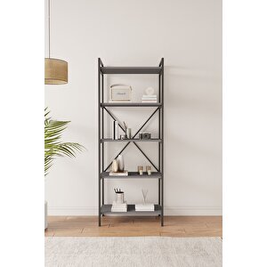 Nilamu Antrasit 65 Cm Kitaplık, Metal Aksamlı, Organizer, Ofis, Ev, 65*170*34 Cm
