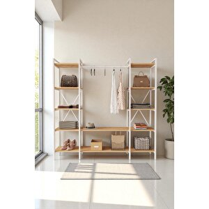 Nilamu Atlantik Çam Elbise Dolabı | Metal Gövdeli Açık Askılık & Organizer Dolap 175*170*34 Cm