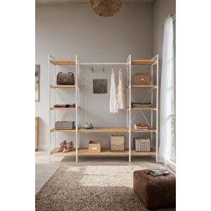 Nilamu Atlantik Çam Elbise Dolabı | Metal Gövdeli Açık Askılık & Organizer Dolap 175*170*34 Cm
