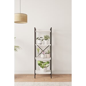 Nilamu Beyaz Saksılık, 4 Raflı, Metal Aksamlı, Kitaplık, Organizer, Ofis, Ev, Dekoratif 45*135*30 Cm