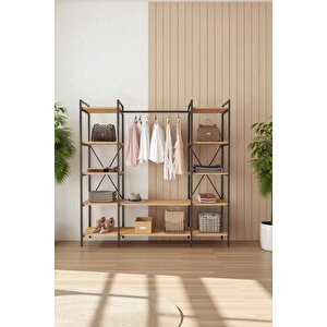 Nilamu Atlantik Çam Elbise Dolabı | Metal Gövdeli Açık Askılık & Organizer Dolap 175*170*34 Cm